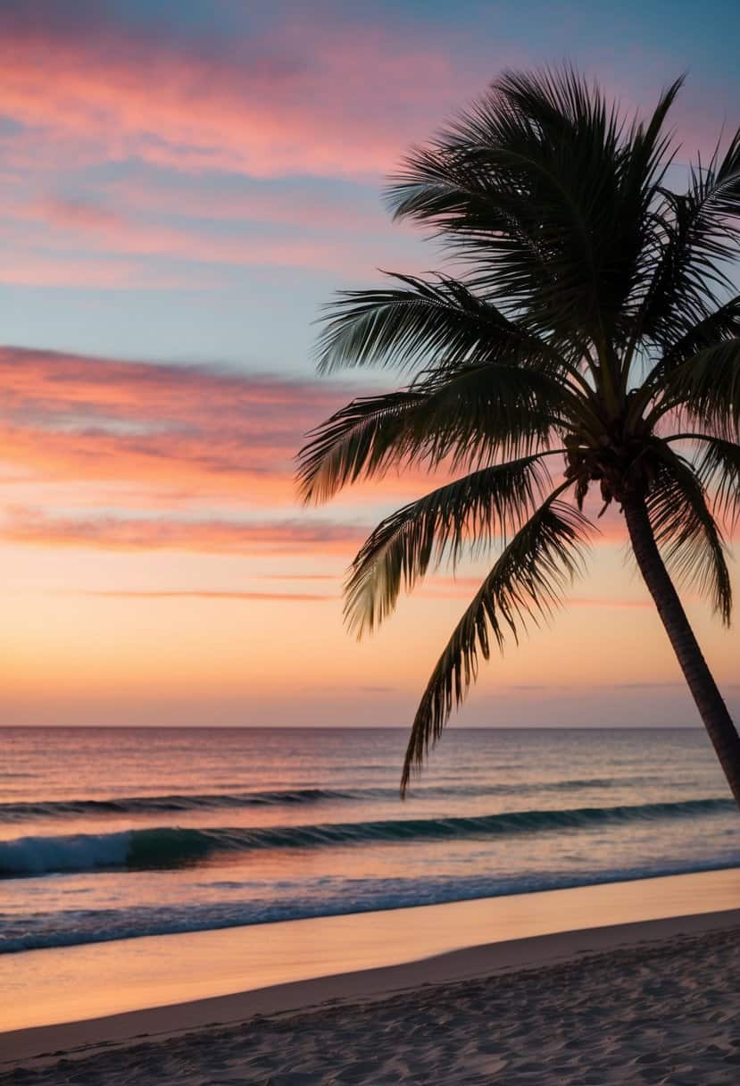 A palm-fringed beach at dusk, with the sky painted in shades of orange and pink, reflecting on the calm ocean waves