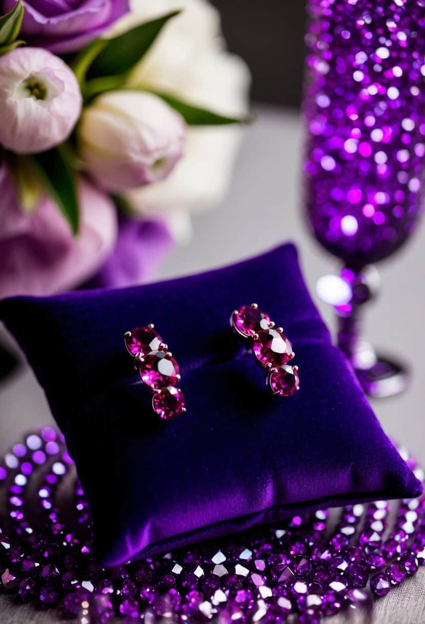 A pair of magenta crystal crawler earrings displayed on a purple velvet cushion, surrounded by sparkling purple wedding decor