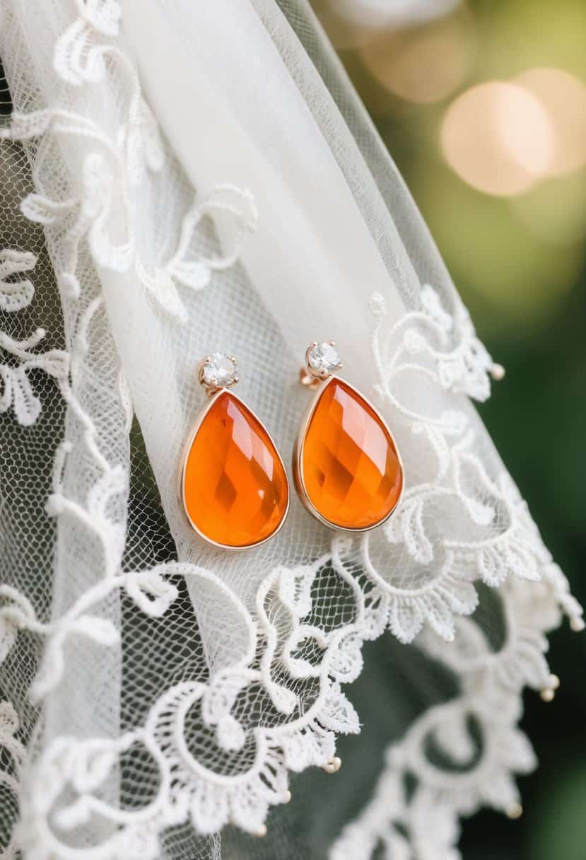 Two tangerine teardrop studs on a white lace bridal veil