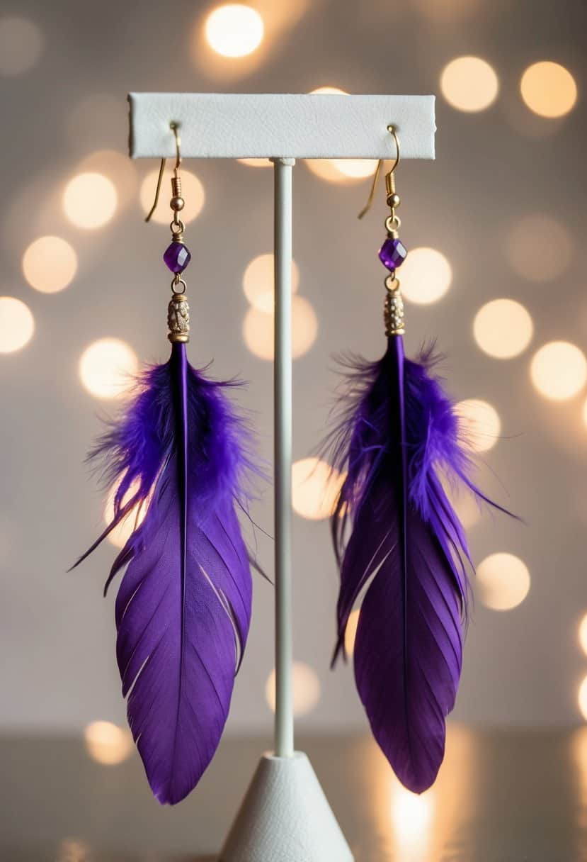 Two purple feather earrings hanging from a delicate jewelry stand, with soft lighting highlighting their intricate details