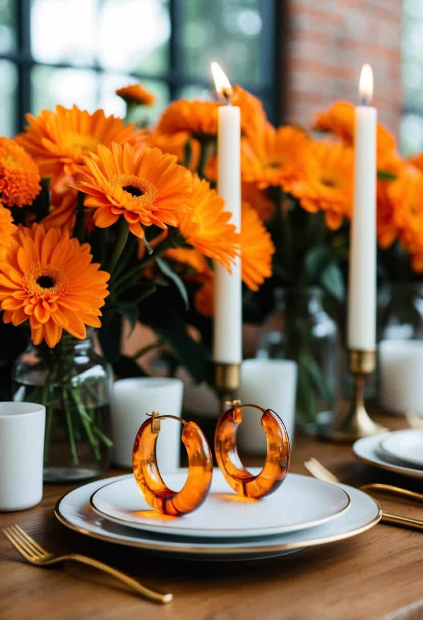 A table adorned with orange flowers and candles, with a pair of radiant amber hoop earrings placed in the center