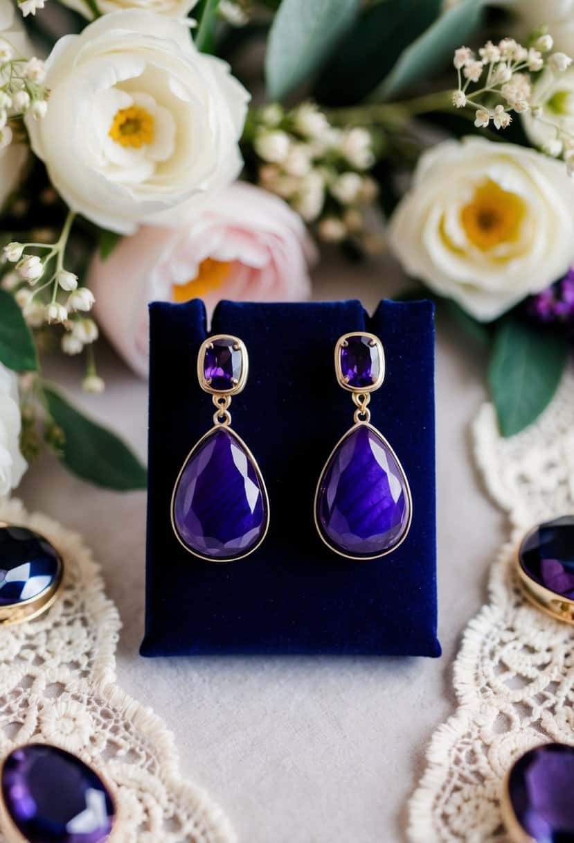 A pair of purple indigo stone drop earrings displayed on a velvet background, surrounded by delicate floral and lace wedding decor