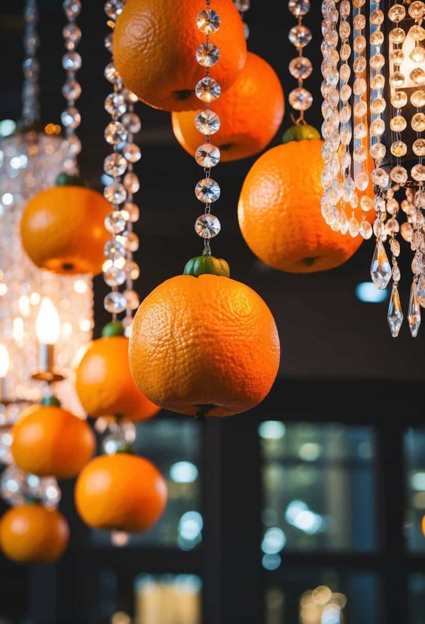 Mandarin oranges hanging from chandeliers with mystical glow