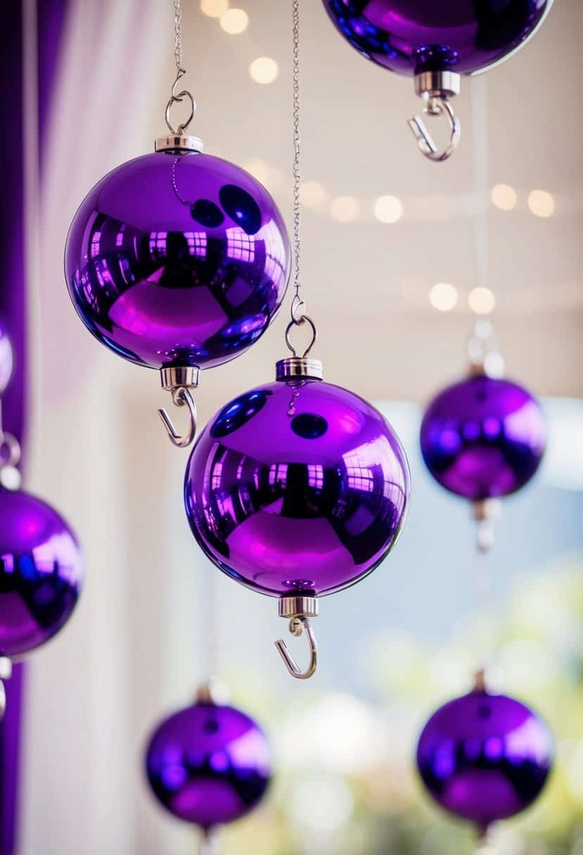 Iridescent purple spheres suspended from delicate silver hooks, catching the light at a purple-themed wedding