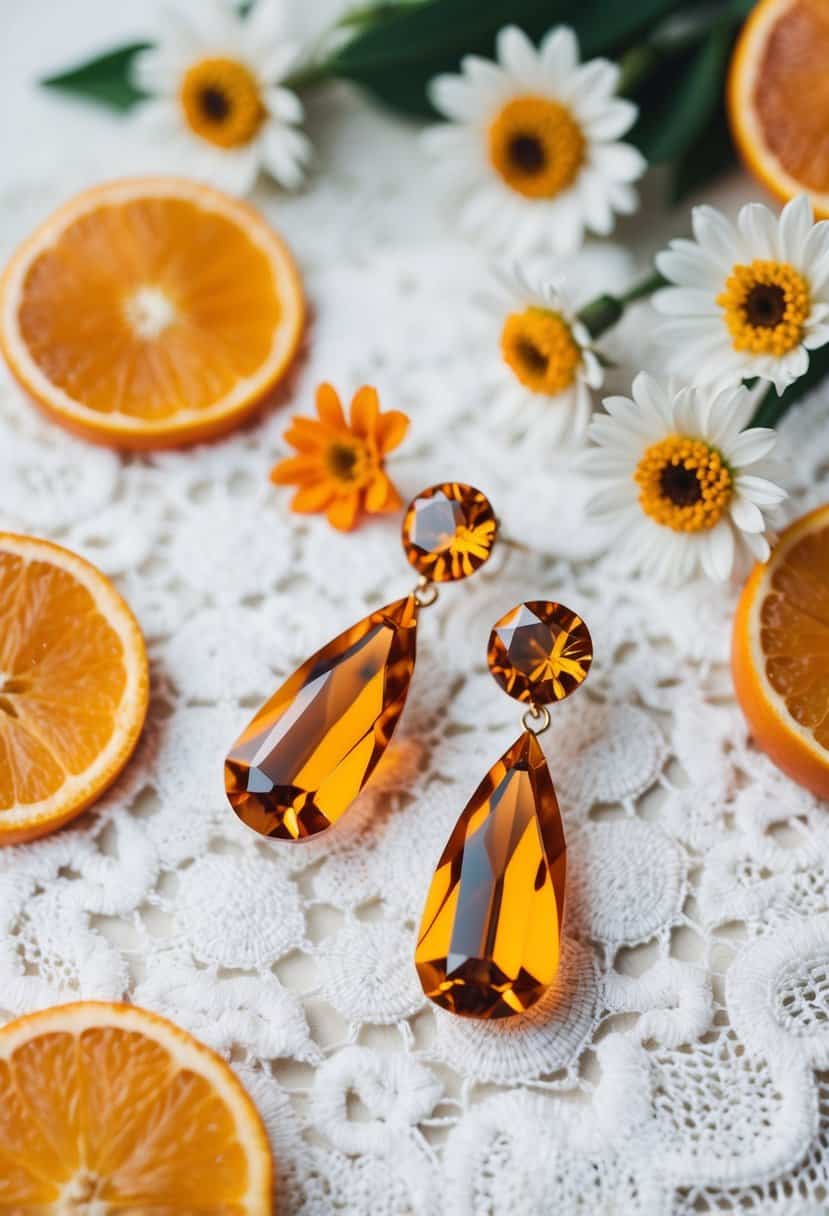 A pair of orange crystal drop earrings on a white lace background with a scattering of clementine slices and flowers