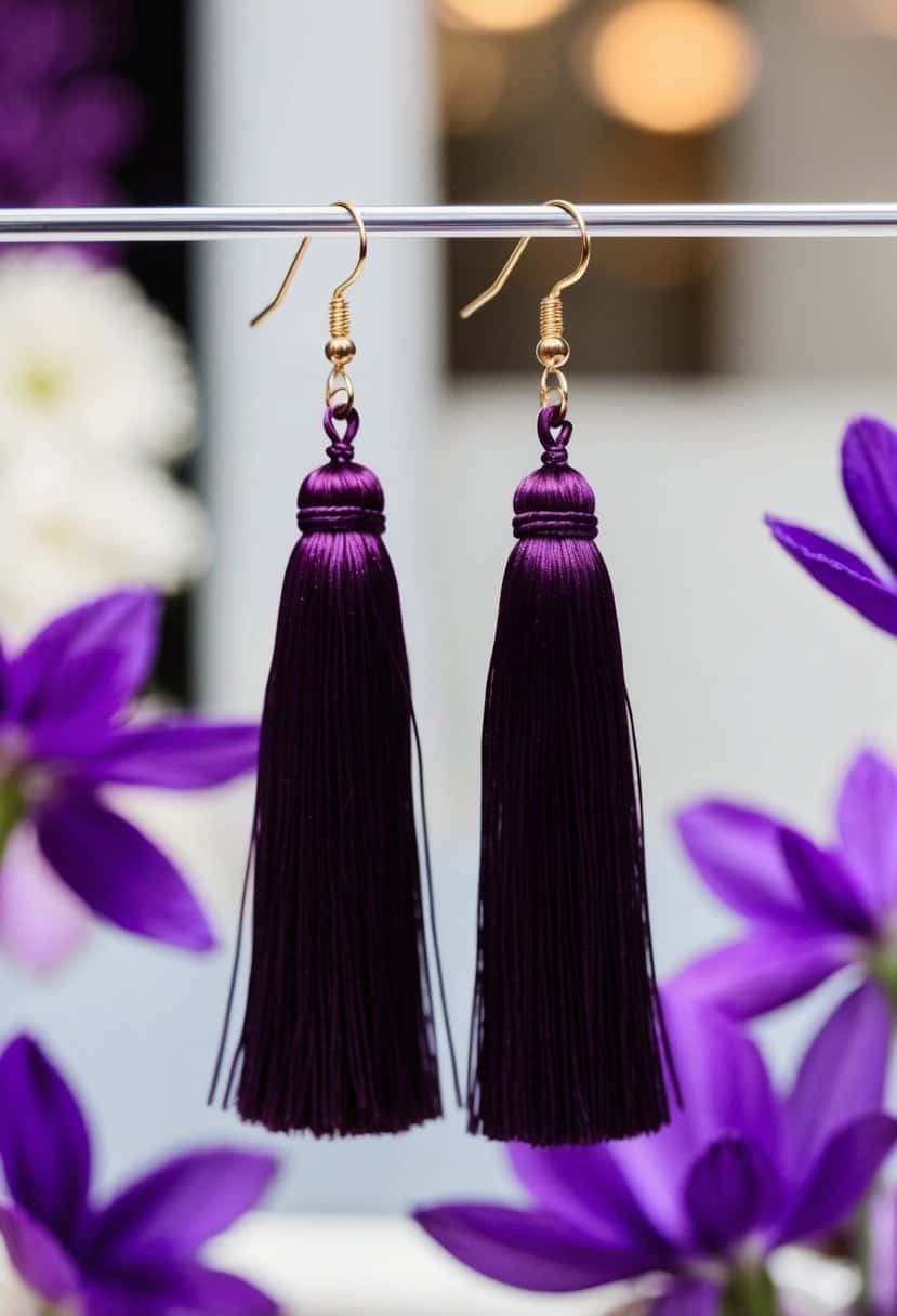 A pair of dark plum tassel earrings hanging from a delicate display, with purple floral accents in the background