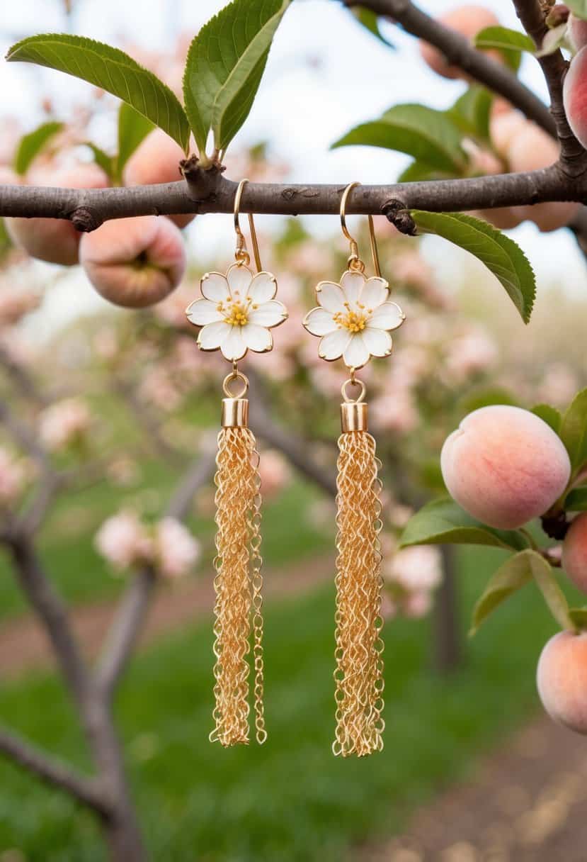 A pair of peach blossom tassel earrings hanging from a branch in a blooming orchard