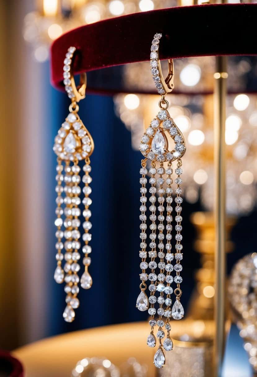 A pair of cascading rhinestone earrings dangle from a velvet display, catching the light and sparkling in an opulent setting