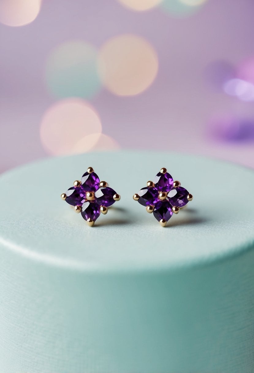 A close-up of amethyst cluster studs against a soft, pastel background