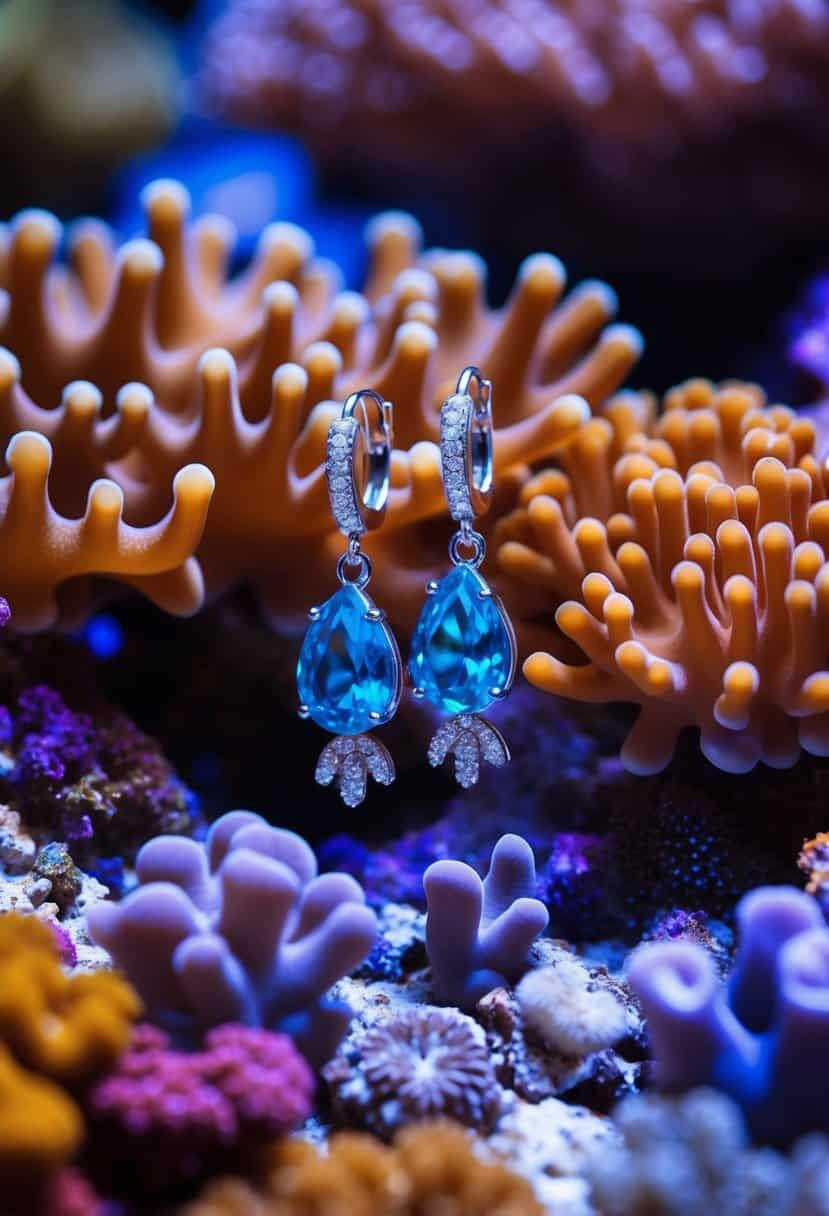 A vibrant coral reef with dangling pendant earrings nestled among the colorful sea life