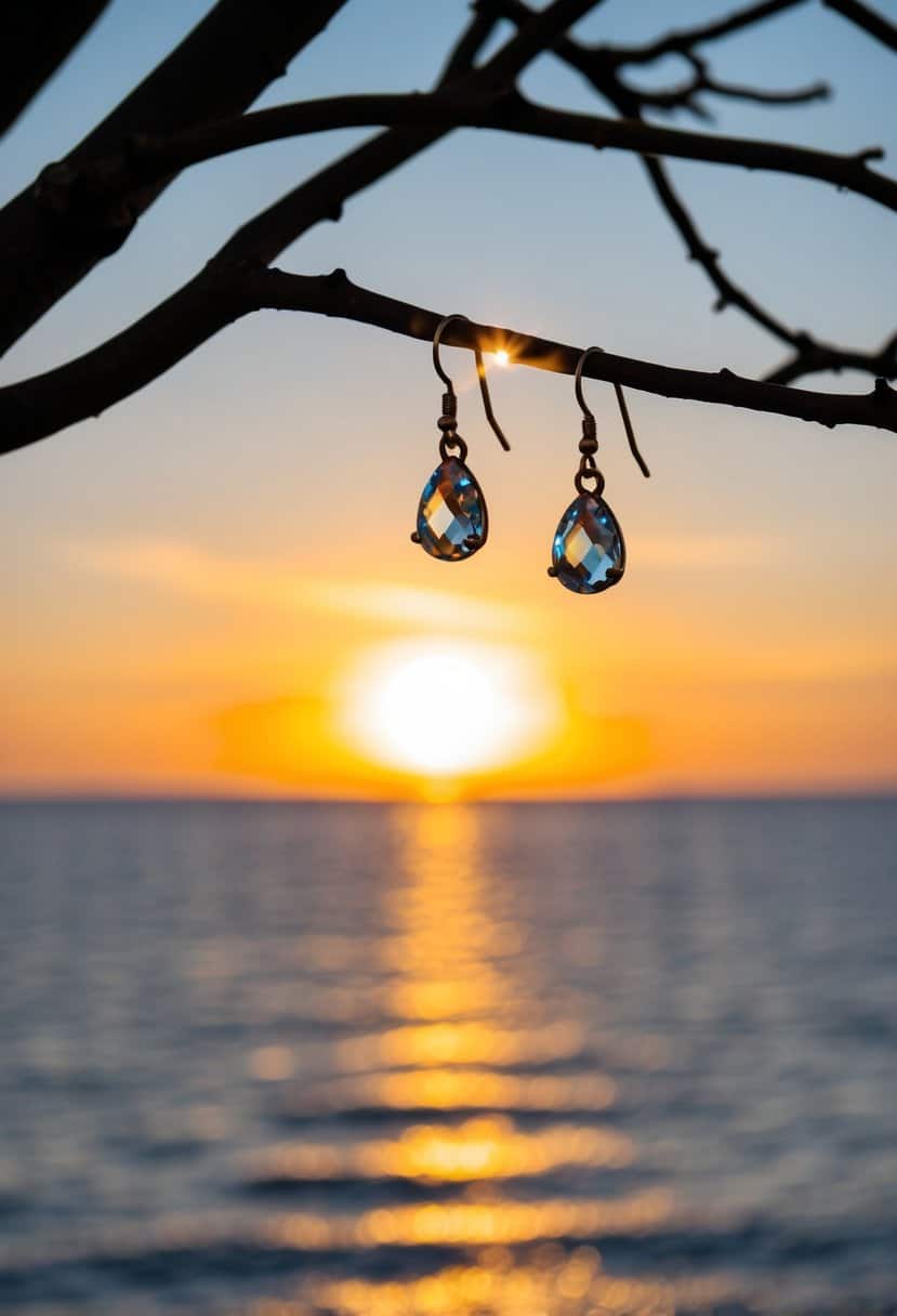 The sun setting over a calm ocean, casting a warm orange glow on the water. Sparkling earrings dangle from a tree branch, catching the last rays of light