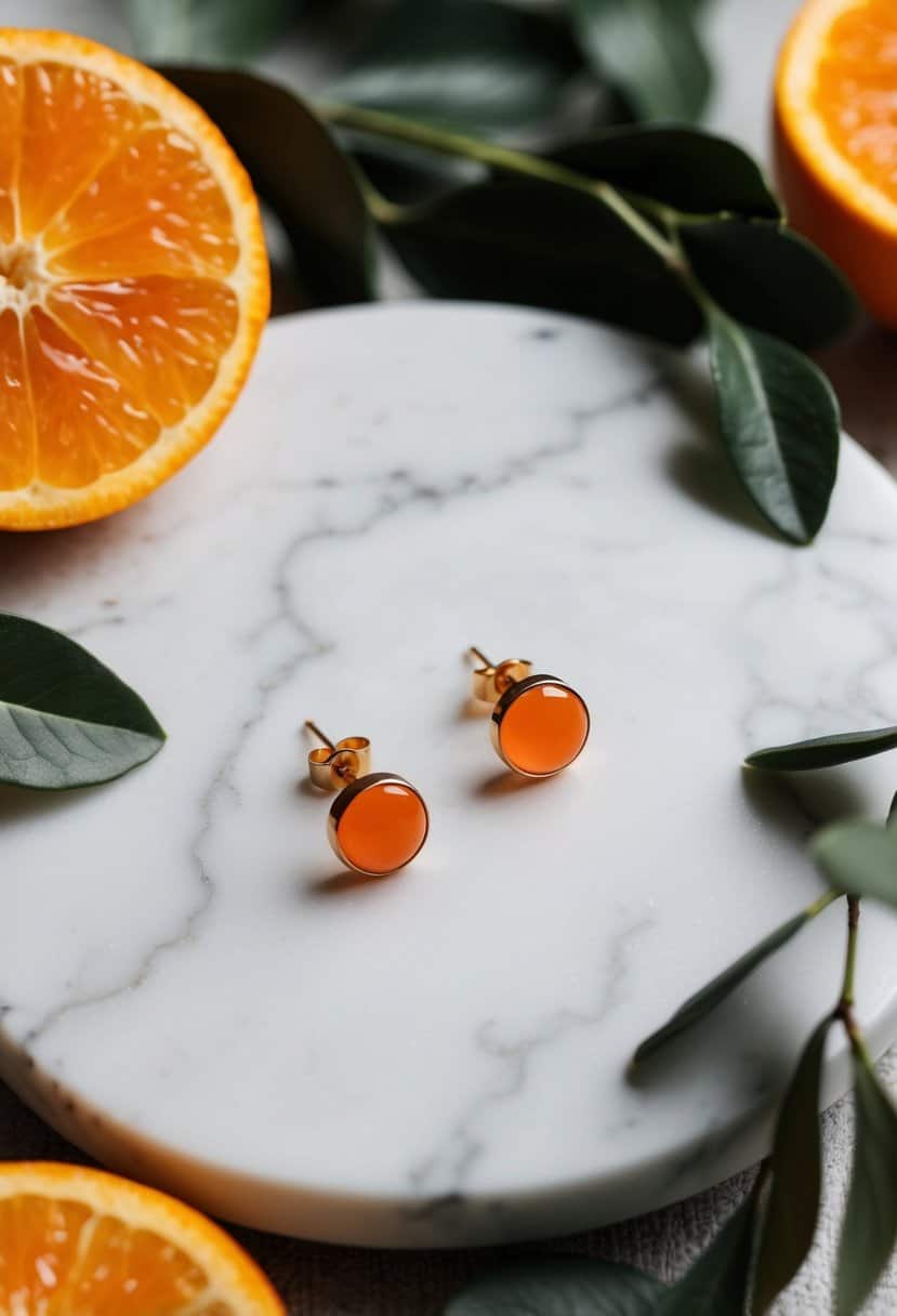 A pair of minimalist orange stud earrings displayed on a white marble surface, surrounded by fresh marmalade oranges and green foliage