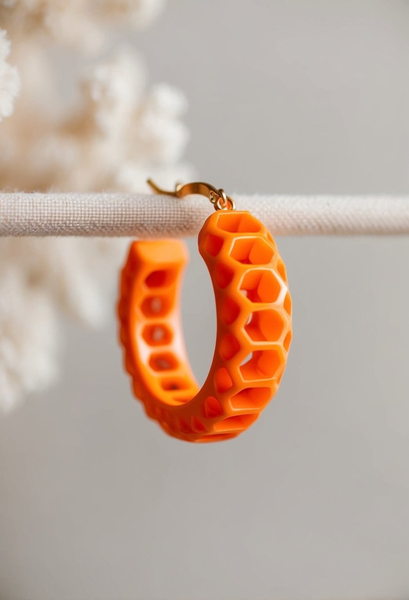 A close-up of vibrant orange honeycomb hoop earrings against a soft, neutral background