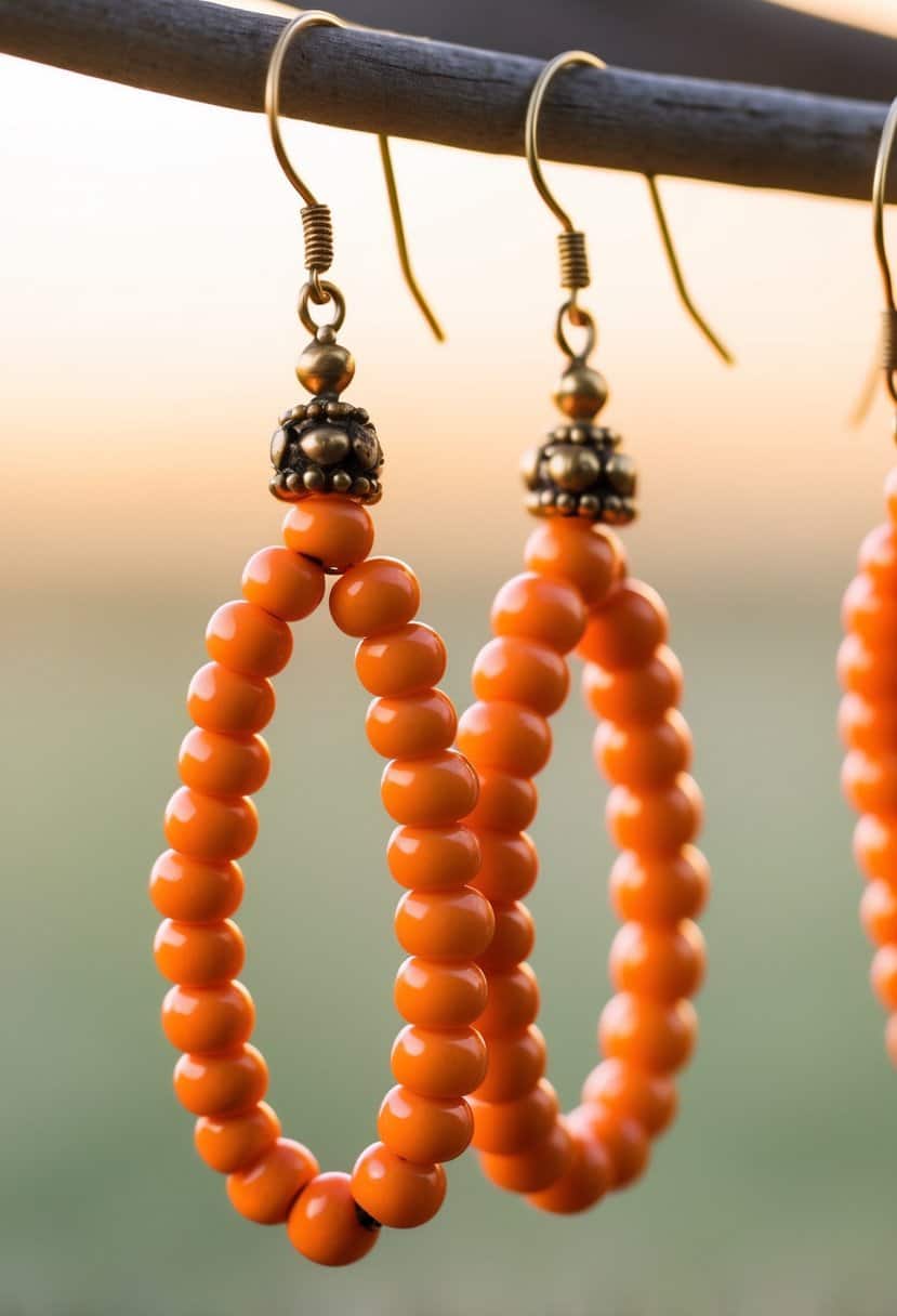 A close-up of orange beaded vine earrings hanging against a soft, blurred background