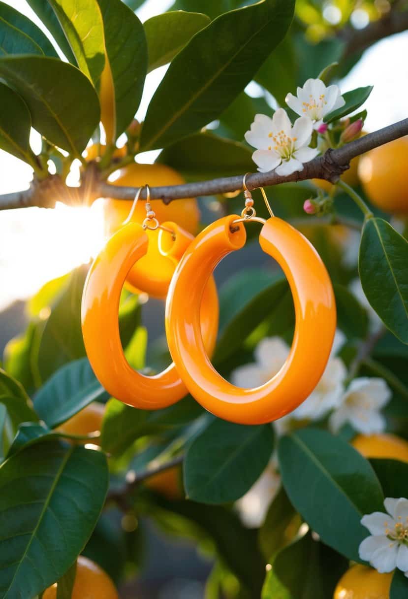 Bright orange hoops dangle from a citrus tree, surrounded by vibrant green leaves and blossoms. The sun casts a warm glow, highlighting the tangy twist of the earrings