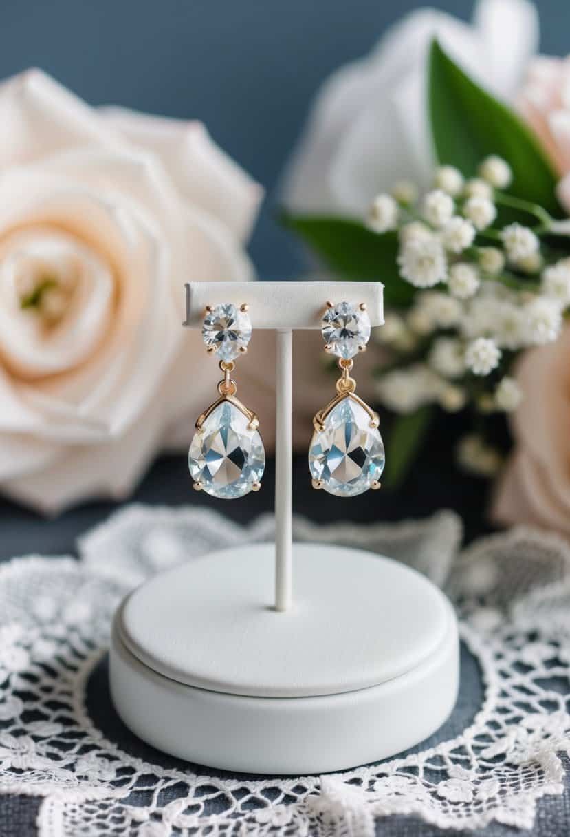 A pair of crystal studs dangle from a short, elegant earring display, surrounded by delicate lace and floral accents