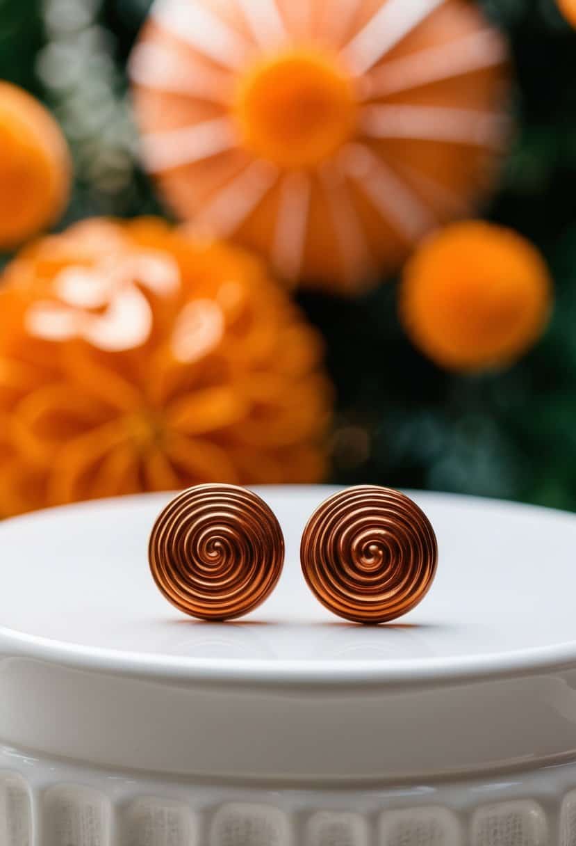 Two Burnt Sienna Swirl Studs earrings displayed on a white surface with orange wedding decor in the background