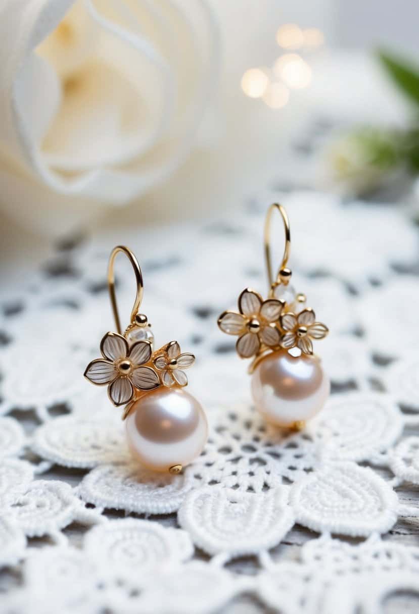 A pair of delicate floral pearl drop earrings on a white lace background, with soft natural lighting