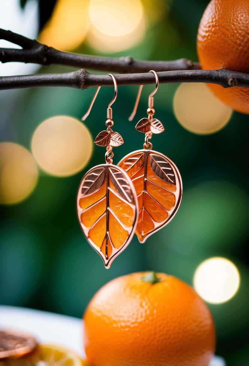 Copper citrus leaves dangle from orange wedding earrings