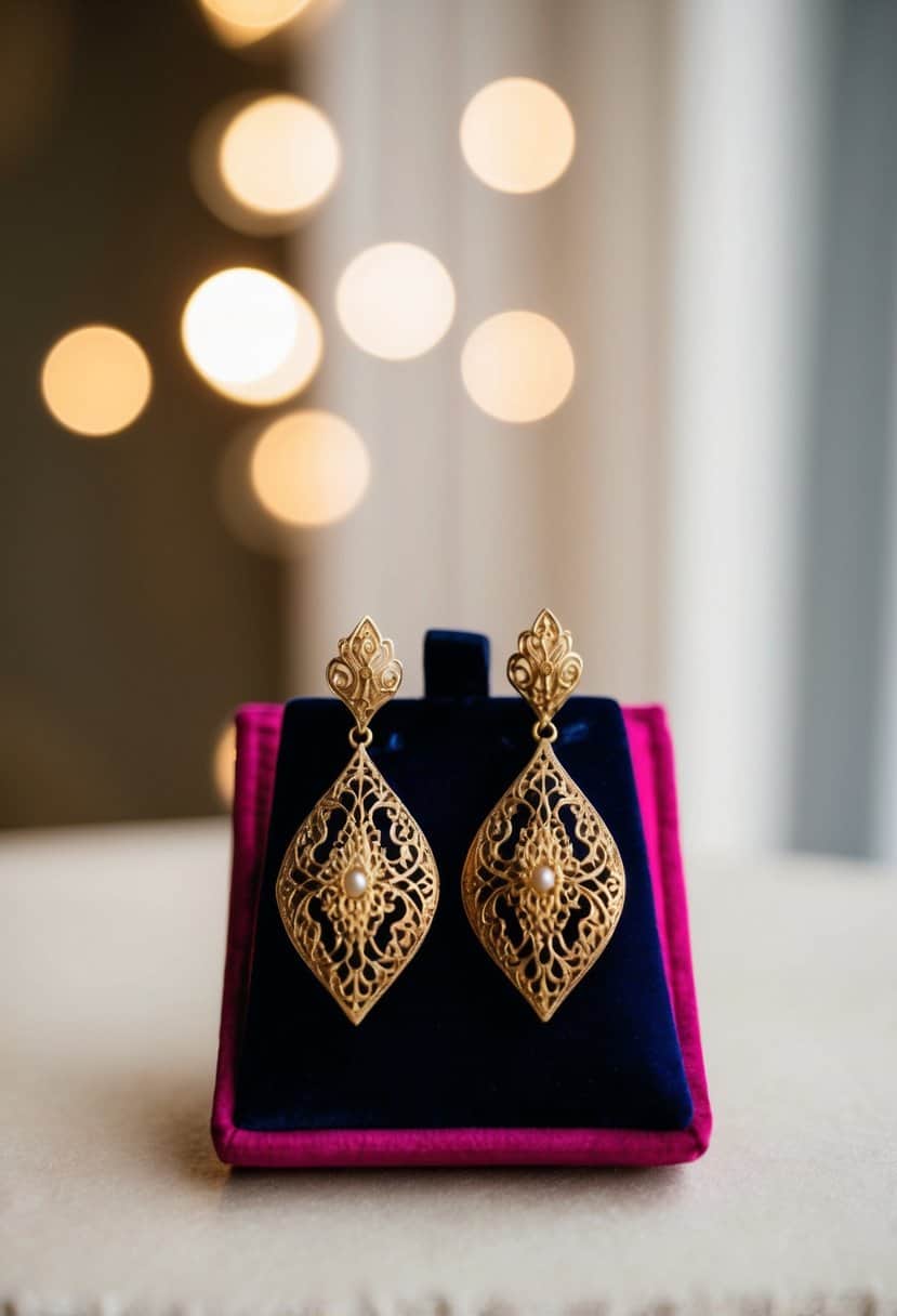 A pair of Victorian filigree drop earrings in vintage gold, displayed on a velvet cushion with soft lighting