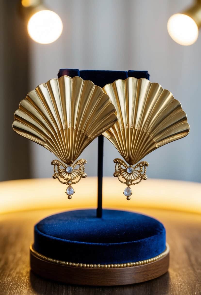 A pair of vintage gold fan-shaped earrings with intricate Art Deco details, displayed on a velvet cushion with soft lighting