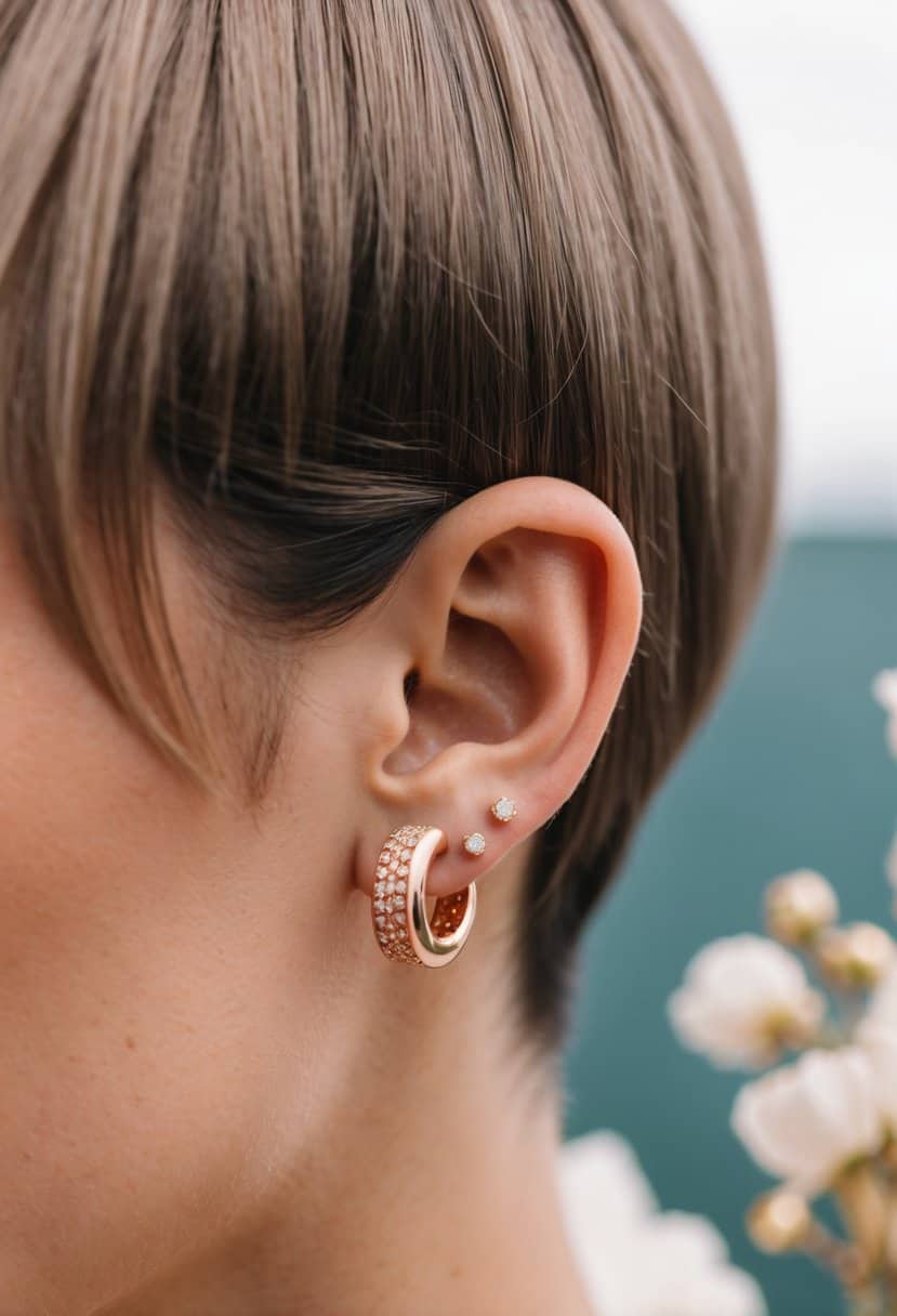 A close-up of rose gold huggie earrings against a backdrop of short, elegant hair, with a subtle wedding theme