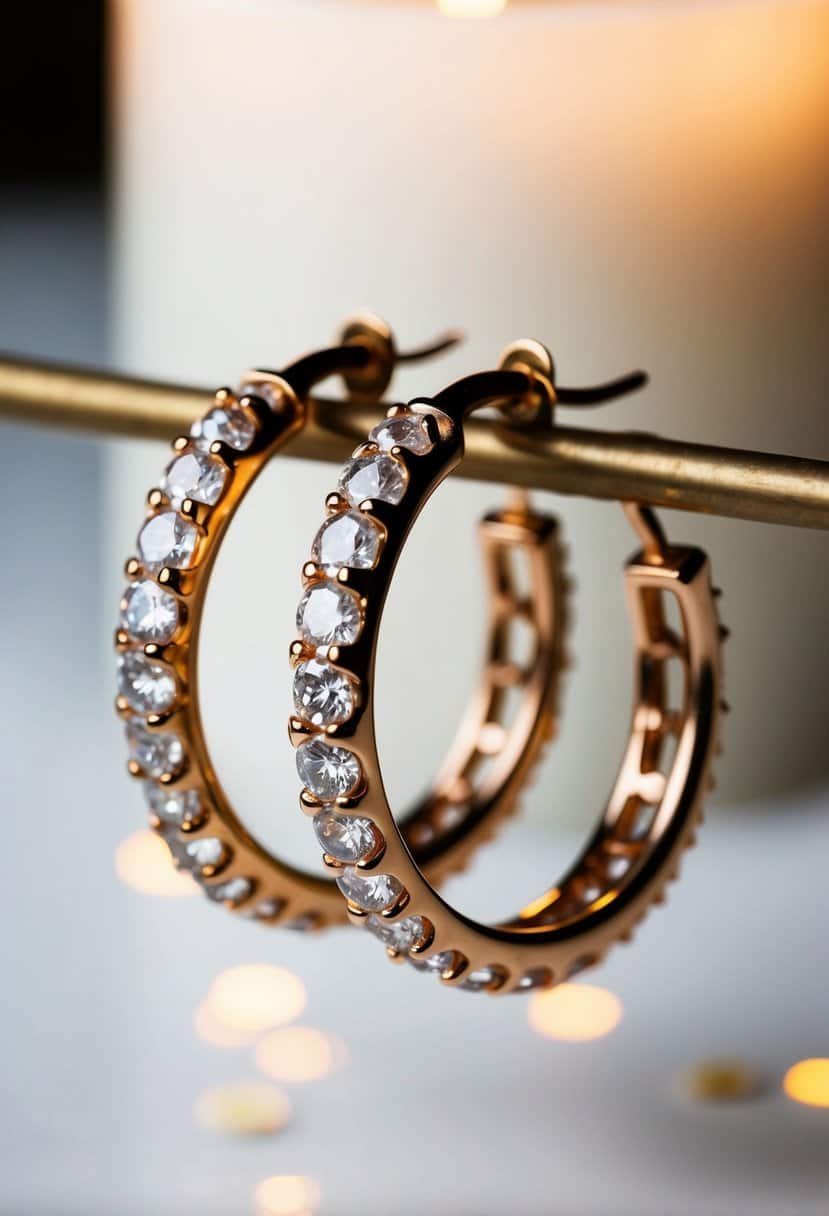 A pair of vintage gold hoop earrings adorned with Georgian rose cut diamonds, glinting in soft candlelight