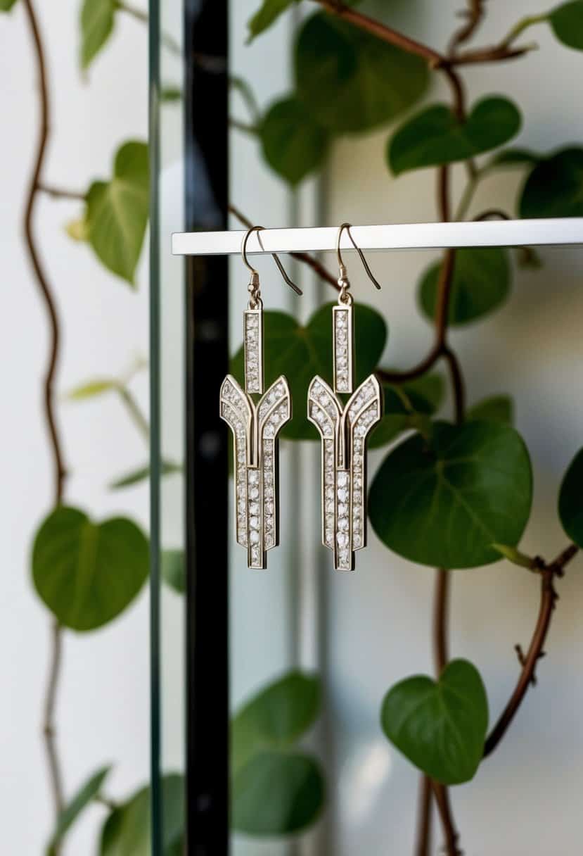 A sleek, Art Deco-inspired pair of earrings dangle from a display, surrounded by climbing vines and short hair wedding accessories