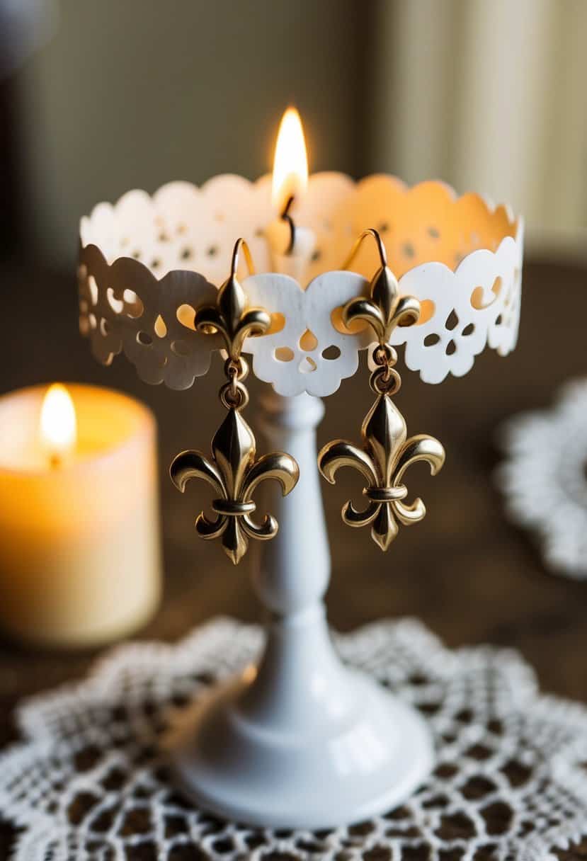 Vintage gold Fleur de Lis dangle earrings displayed on an antique lace doily with soft candlelight illuminating the intricate details