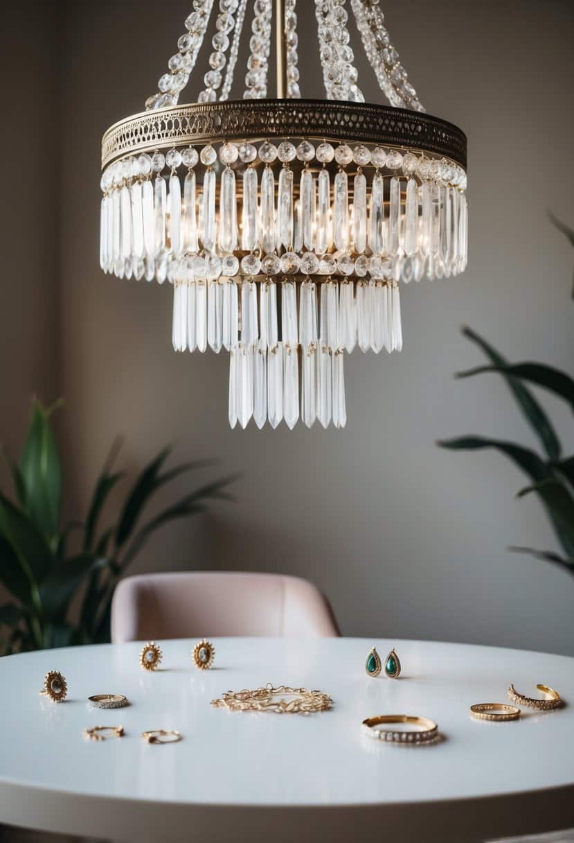 A bohemian chandelier hangs above a table with short hair wedding earrings scattered around, providing inspiration for a bridal jewelry design