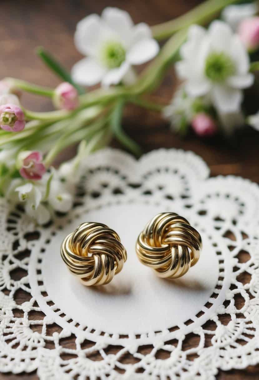 Vintage gold knot huggie earrings on a lace doily with a delicate floral arrangement in the background