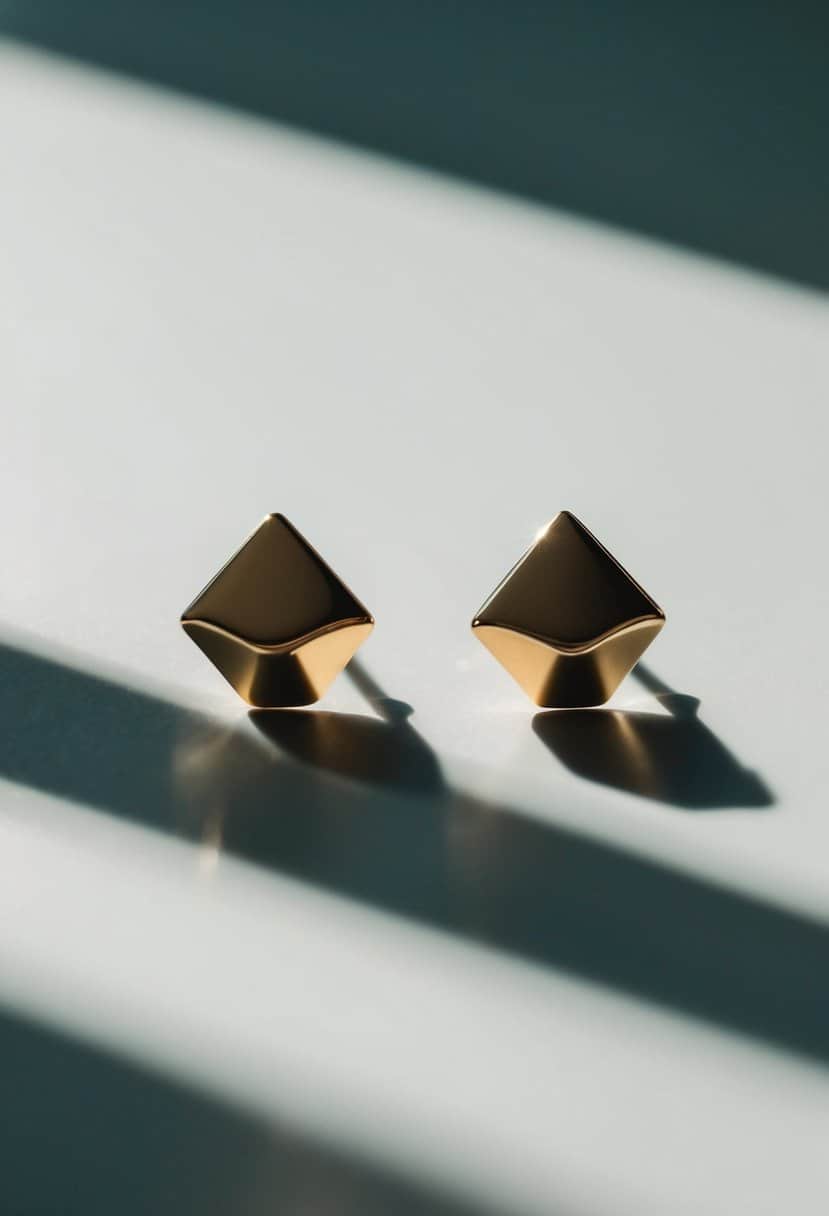 A pair of simple, geometric stud earrings resting on a smooth, reflective surface, casting a soft shadow