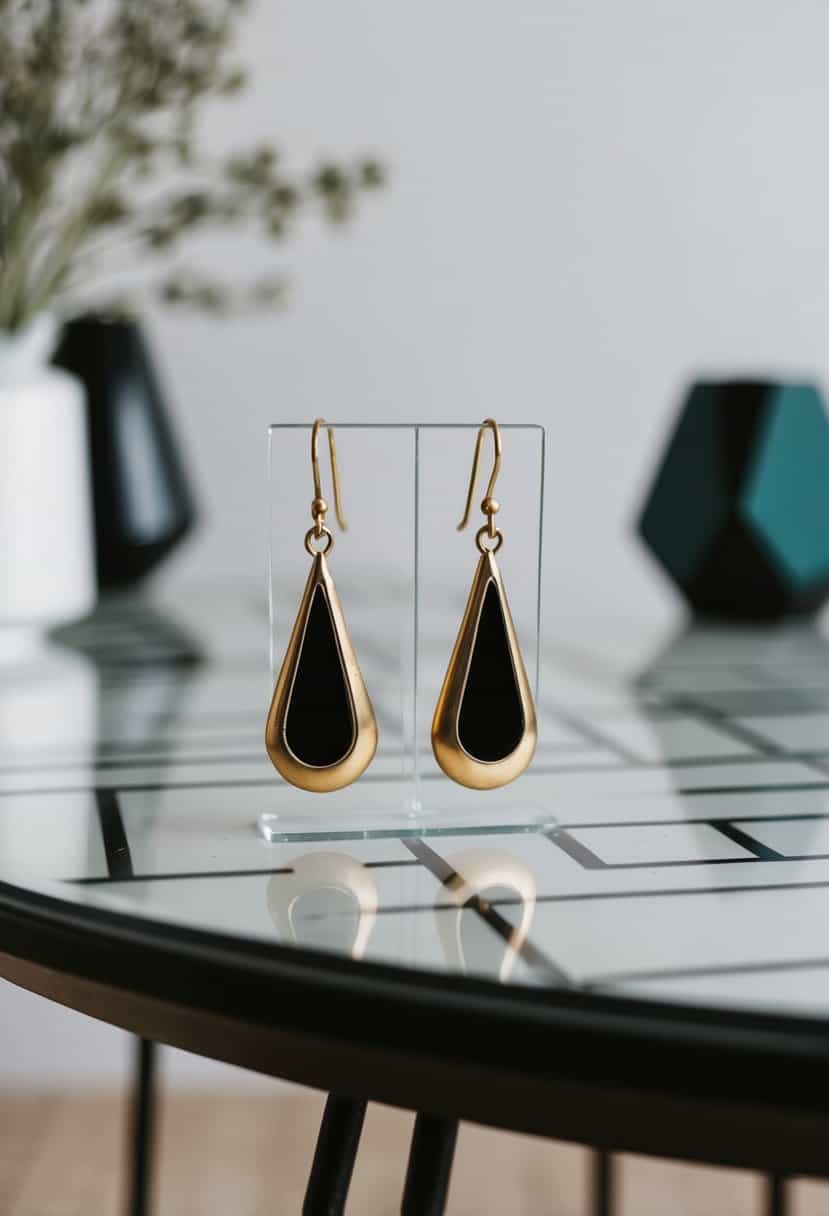 Two teardrop-shaped vintage gold earrings displayed on a Mid-Century Modern style tabletop with geometric patterns and minimal decor