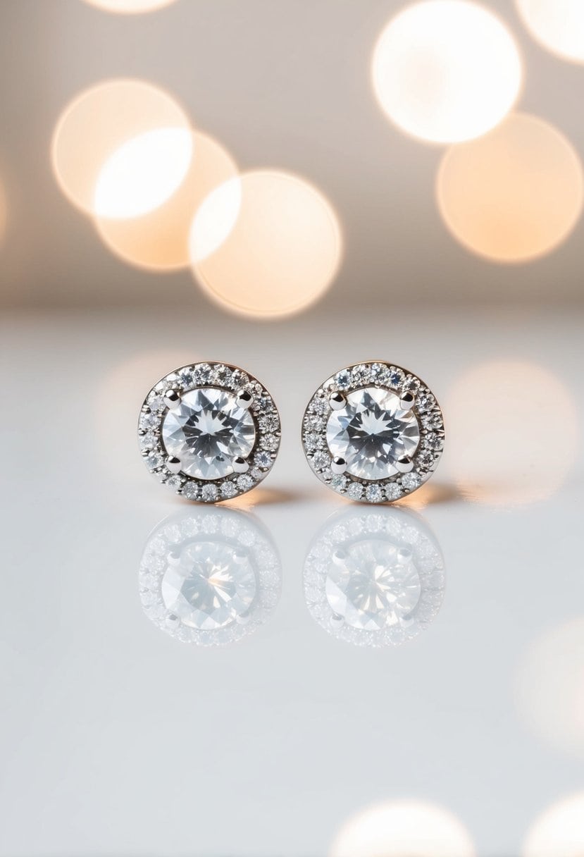 A close-up of diamond halo studs against a white background