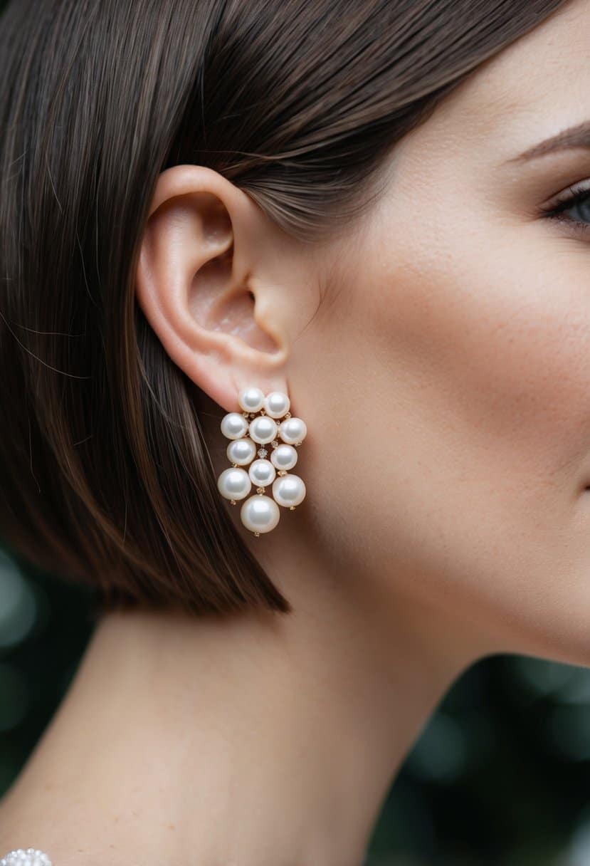 A close-up of pearl cluster earrings against a background of short, elegant hair, evoking a sophisticated and delicate wedding look