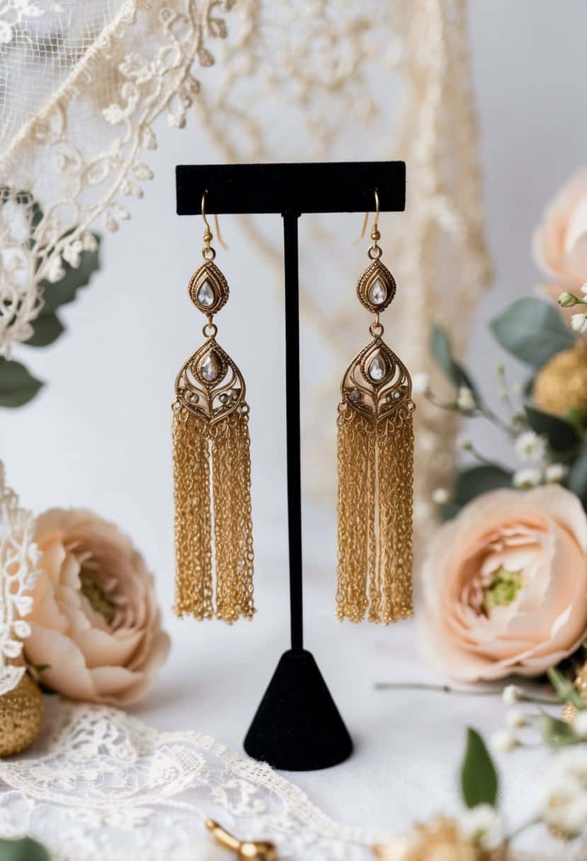 A pair of vintage gold wedding earrings with bohemian tassels hanging from a display stand, surrounded by delicate lace and floral accents