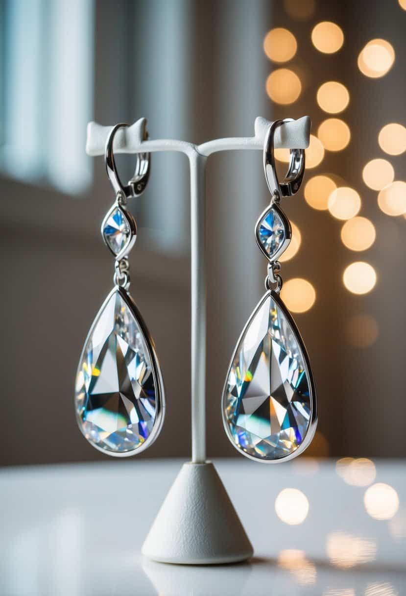 A pair of Swarovski Attract Trilogy Drop Earrings dangle from a delicate stand, catching the light and casting sparkling reflections around the room