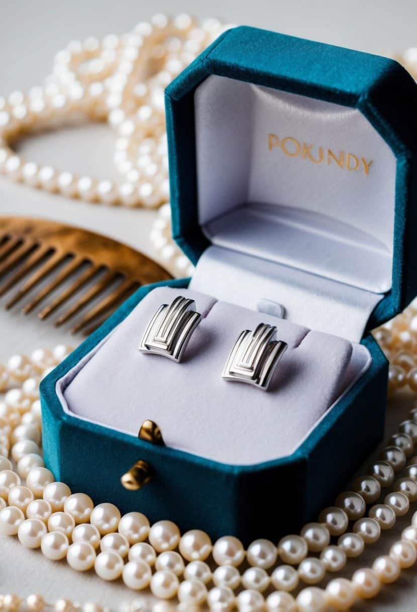 A pair of sleek, art deco-inspired stud earrings sit on a velvet jewelry box, surrounded by strands of pearls and a vintage hair comb