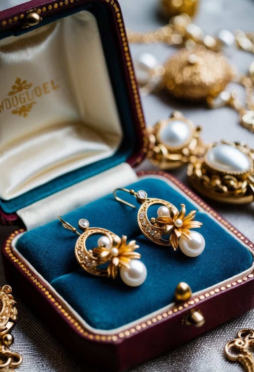 Vintage gold earrings with pearl plumes, displayed on a velvet cushion in an ornate jewelry box