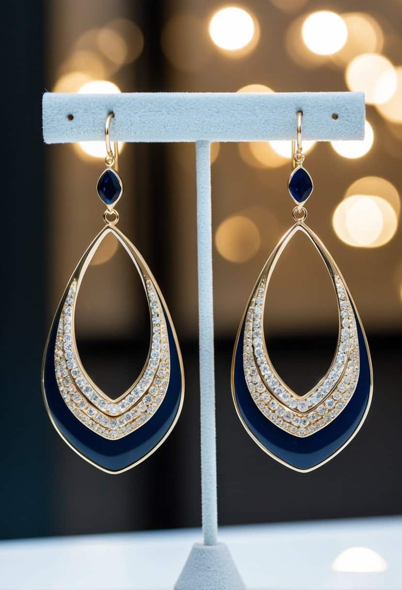 Two elegant, bold drop earrings dangle from a display stand, catching the light with their shimmering details