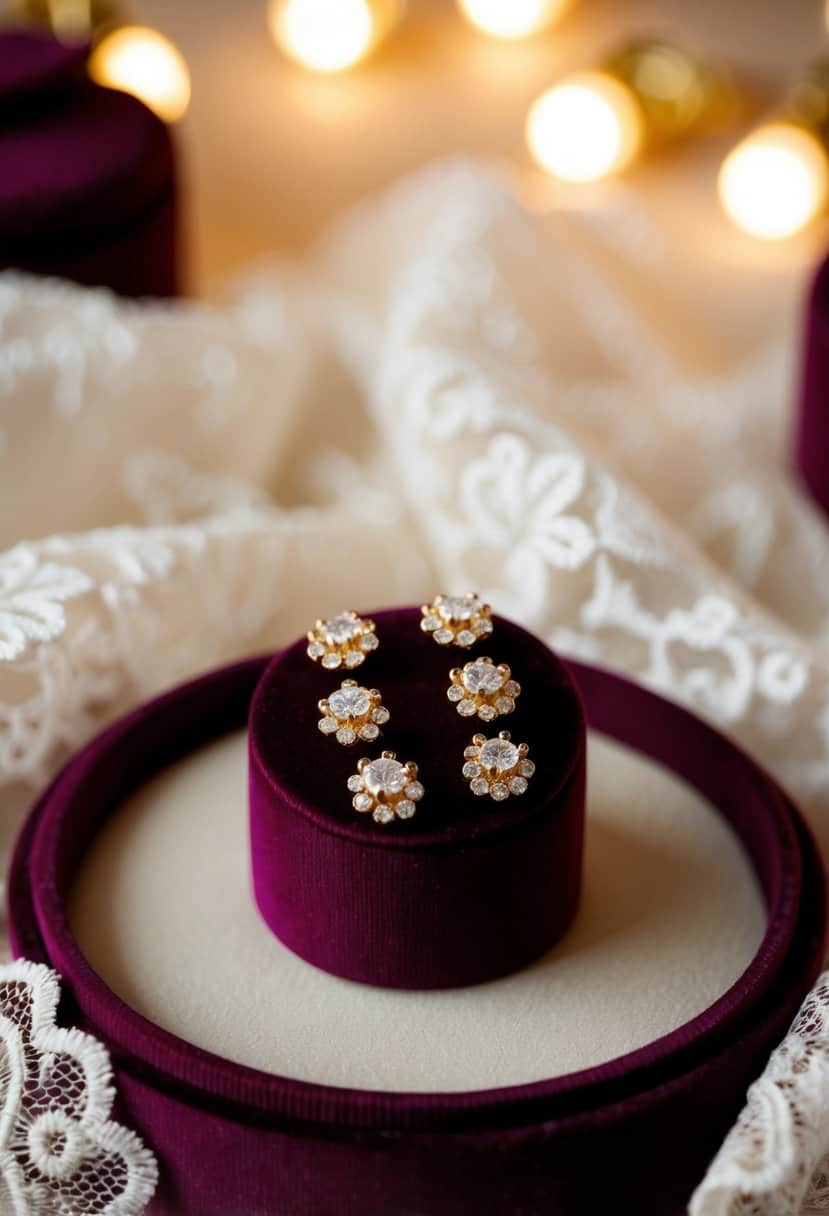 A cluster of vintage gold stud earrings arranged on a velvet jewelry display, surrounded by soft, warm lighting and elegant lace fabric