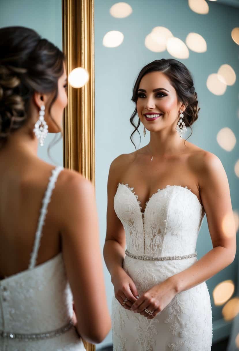 A bride wearing Kendra Scott Elle Drop Earrings with a wedding dress, standing in front of a mirror admiring her reflection