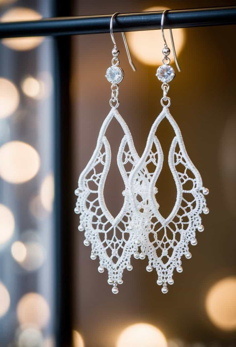 A pair of delicate lace-inspired danglers dangle from a display, catching the light with intricate detail and elegance