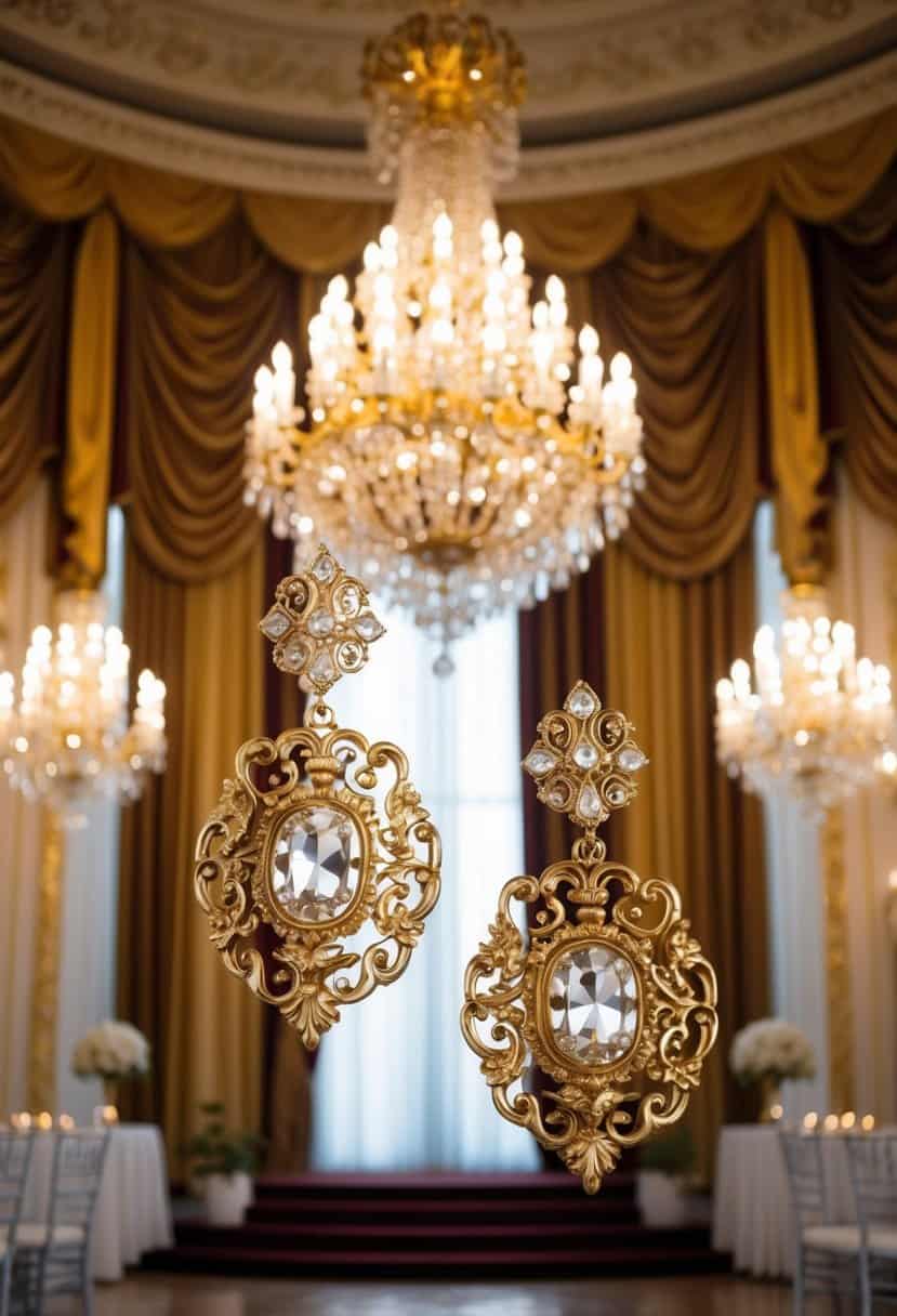 A grand ballroom adorned with ornate golden chandeliers and opulent drapery, showcasing a pair of intricate Baroque-inspired vintage gold wedding earrings