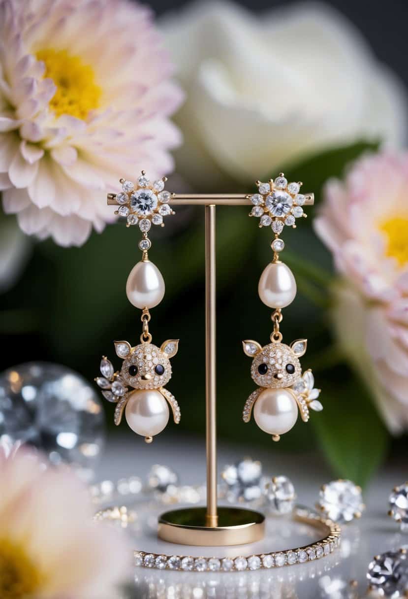 A pair of Betsey Johnson Pearl Critters Earrings dangle from a delicate stand, surrounded by sparkling gemstones and floral accents