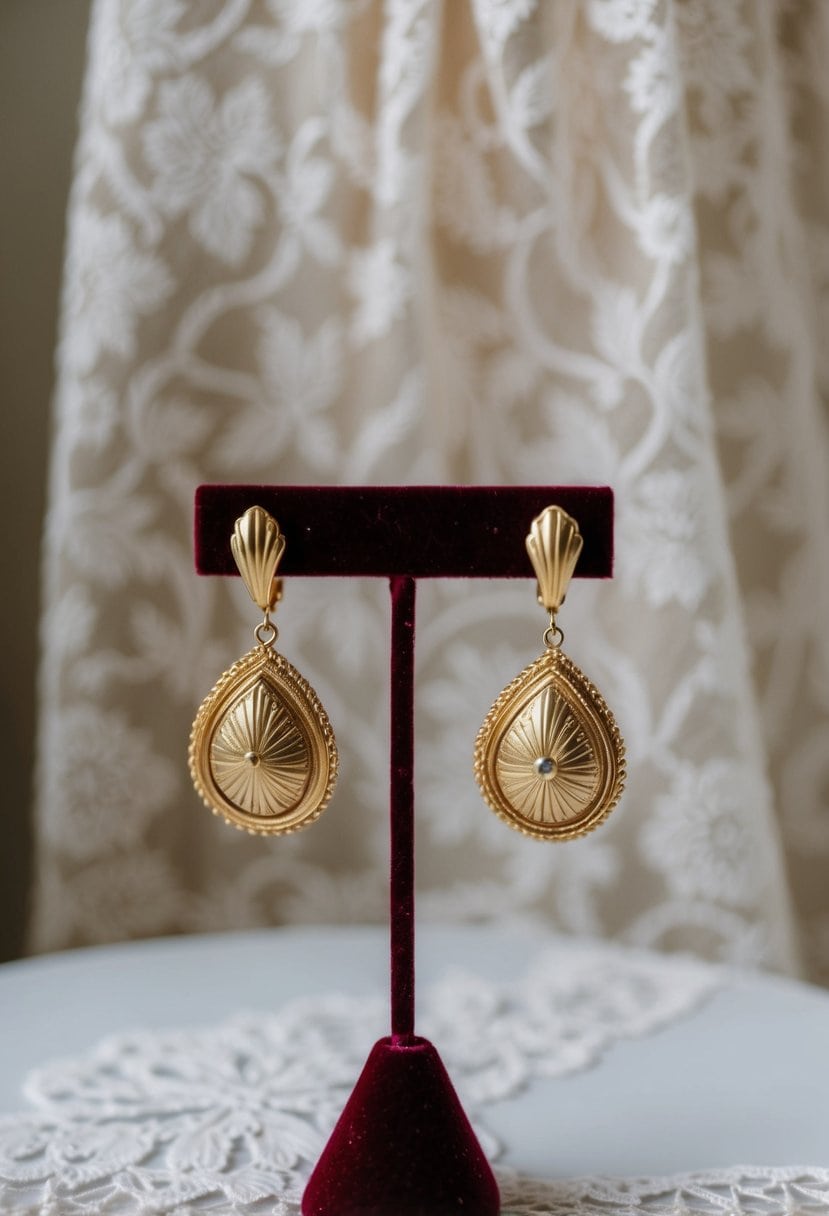 Vintage gold clip-on earrings displayed on a velvet jewelry stand with a lace backdrop