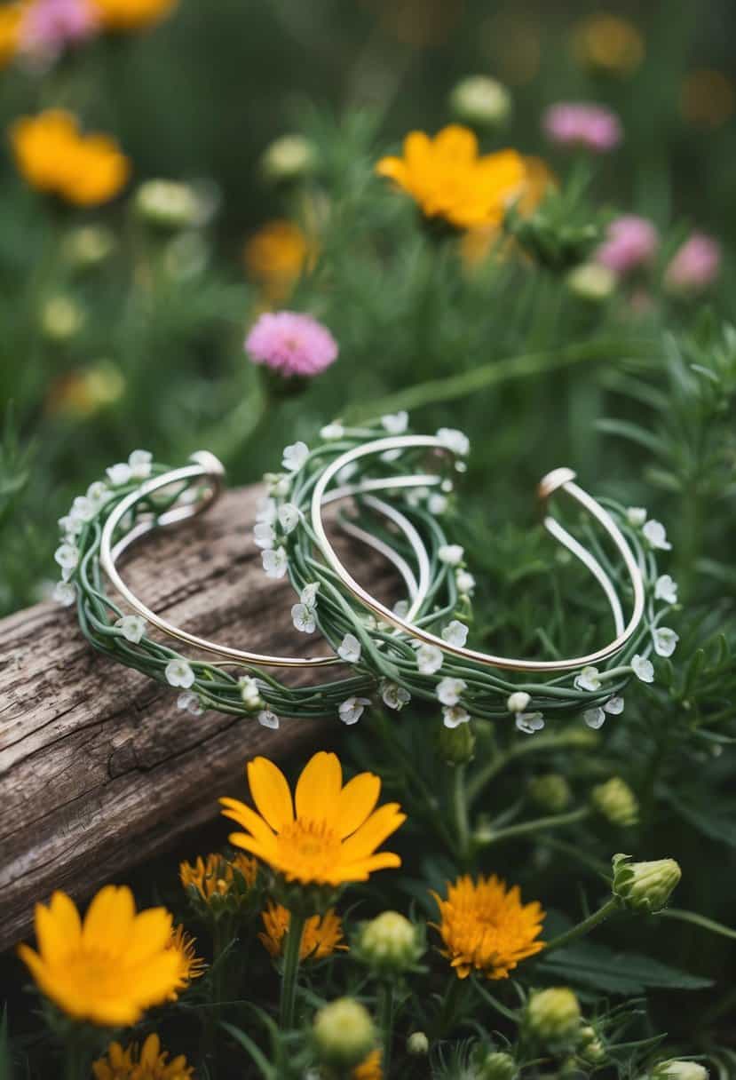 Two delicate vine ear cuffs draped over a bed of wildflowers