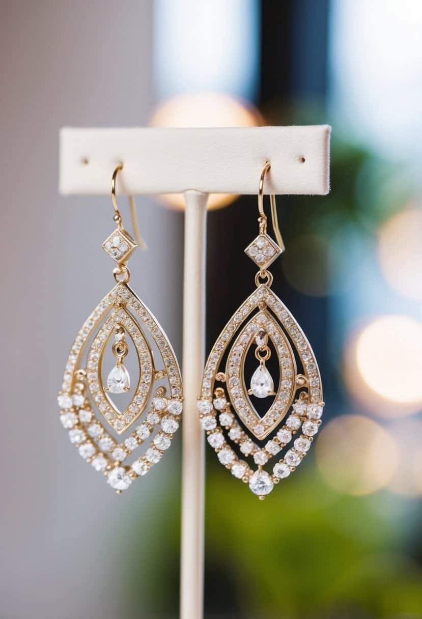 Dangling wedding earrings featuring BaubleBar Meghan Earrings, sparkling and elegant, hanging from a display stand