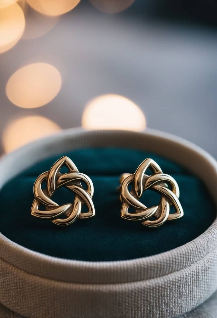 Two intricate Celtic knot studs in vintage gold, displayed on a velvet cushion with soft lighting