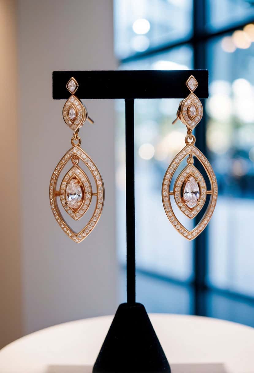 A pair of elegant David Yurman Chatelaine Drop Earrings dangle from a display stand, catching the light with their intricate design and sparkling gemstones